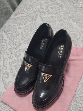 GUESS Black Patent Leather Women's Loafers with Gold Triangle Logo